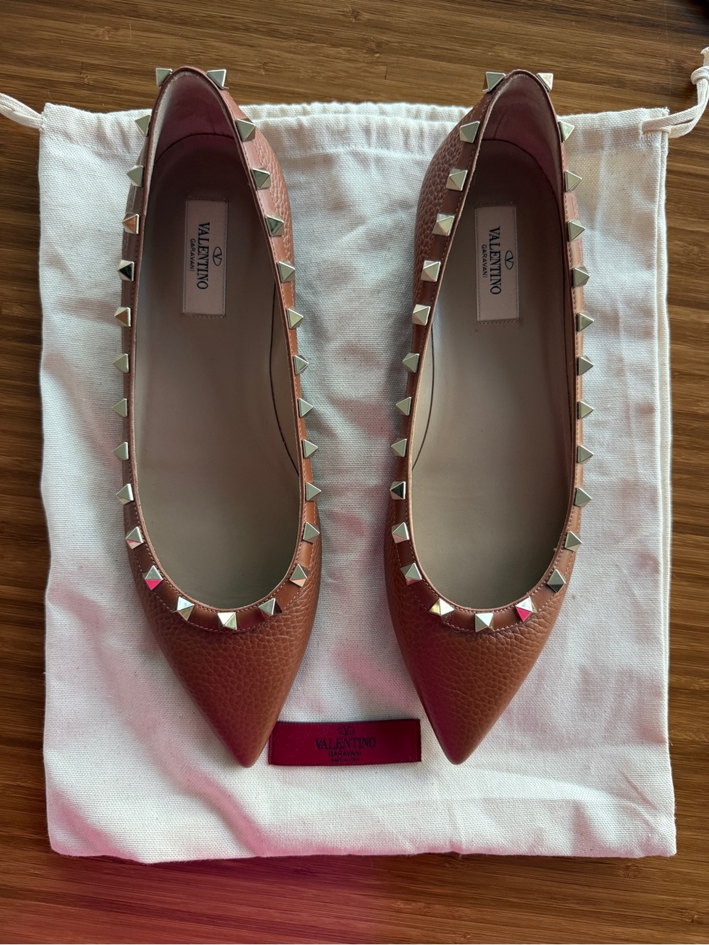 Valentino Tan Rockstud Pointed Leather Flats